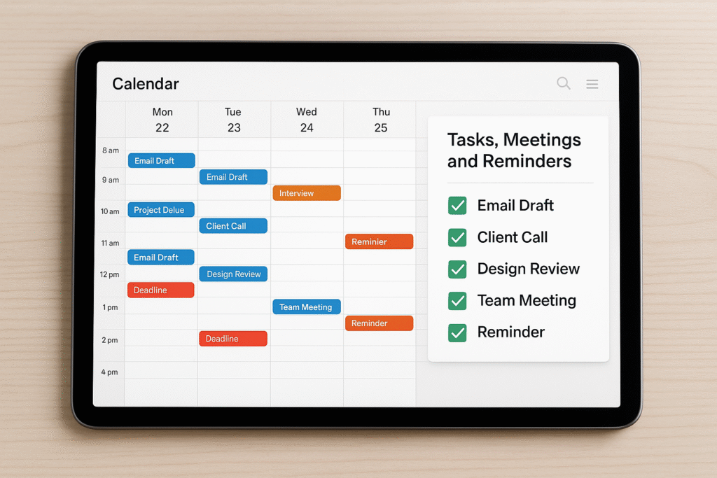 BUSINESS OWNER REVIEWING A WELL-ORGANIZED CALENDAR ON TABLET