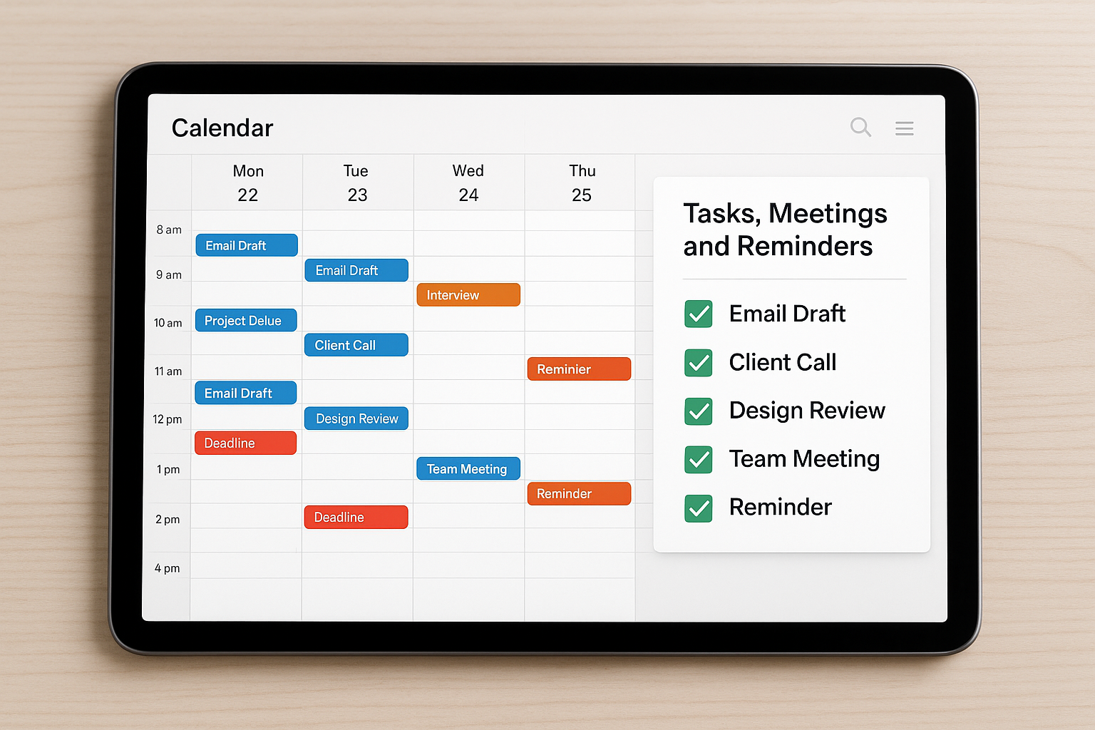 CALENDAR OPEN ON SCREEN WITH TASKS, MEETINGS, AND REMINDERS