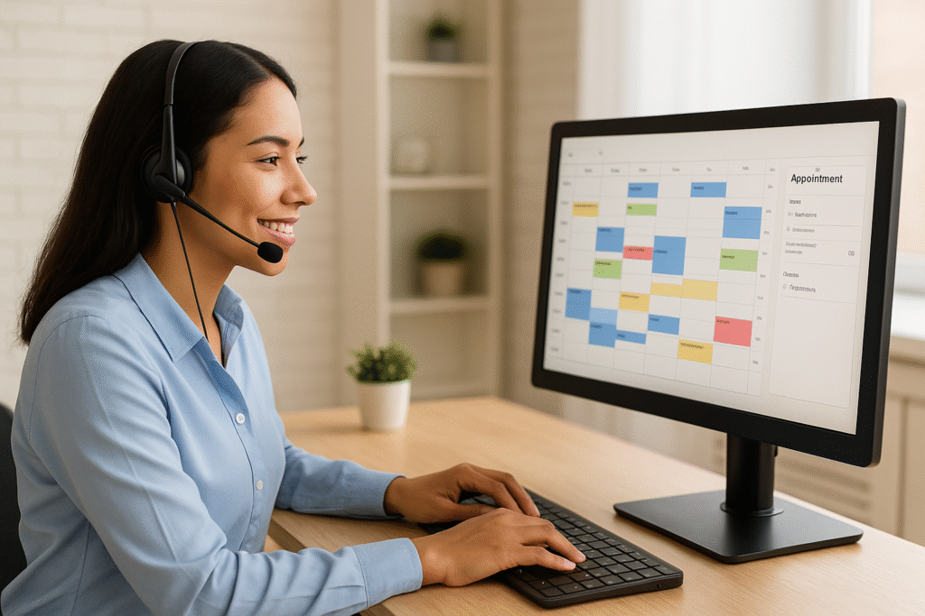 VIRTUAL ASSISTANT ON HEADSET, SCHEDULING APPOINTMENTS ON COMPUTER