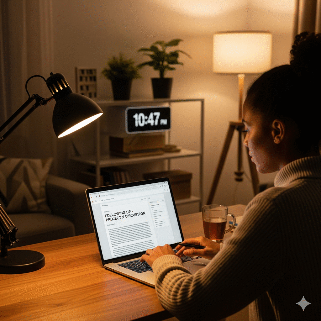 A remote team member sending a follow-up email from a home office at night, demonstrating extended work hours.