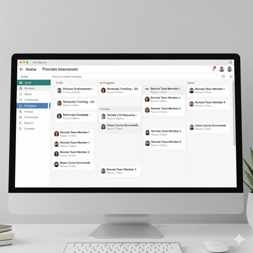 A digital task board or project management tool with various insurance-related tasks assigned to remote team members.