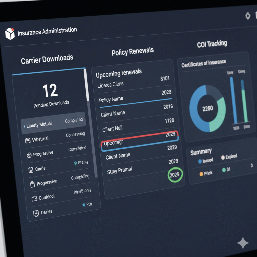 A detailed insurance administration dashboard on a computer screen, showing tabs for downloads, renewals, and COI tracking.
