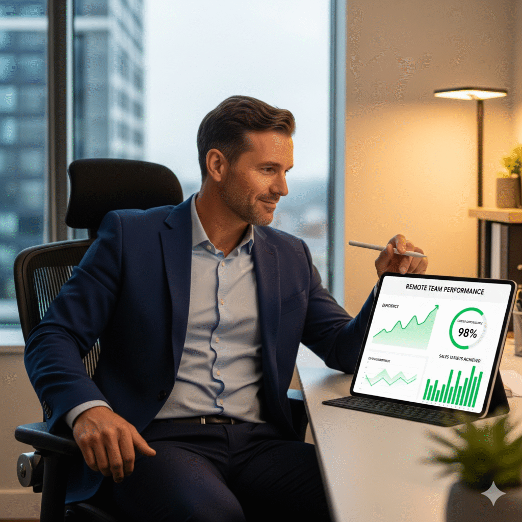  A relaxed insurance agency owner confidently viewing a dashboard showing the performance and efficiency of their remote team.