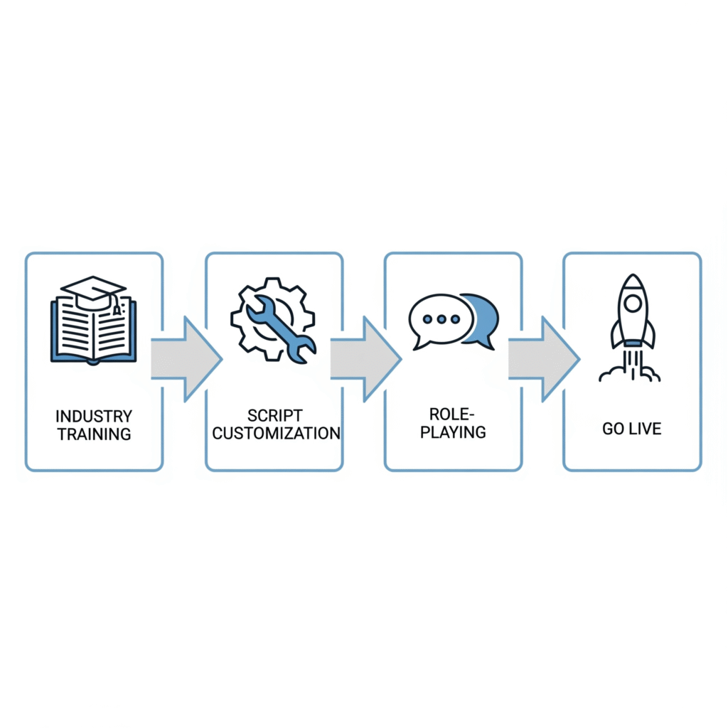 A 4-step flowchart showing the process for training a virtual assistant on construction call scripts.