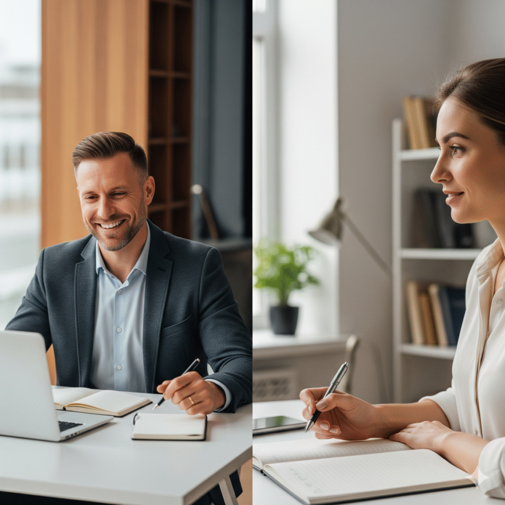  A business owner in their office having an effective video call with their virtual assistant, who is in a professional home office.