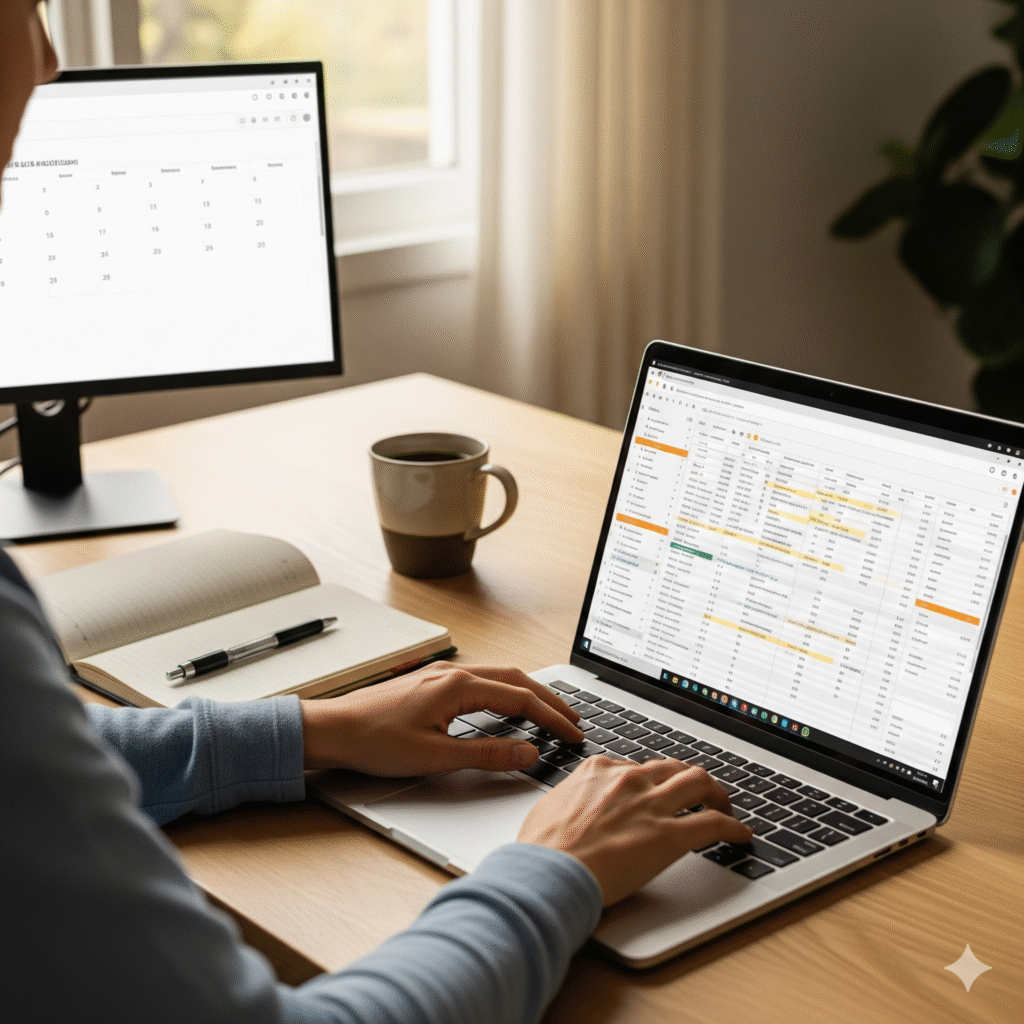 A virtual assistant efficiently managing business tasks like spreadsheets and emails from a modern and organized home office setup.
