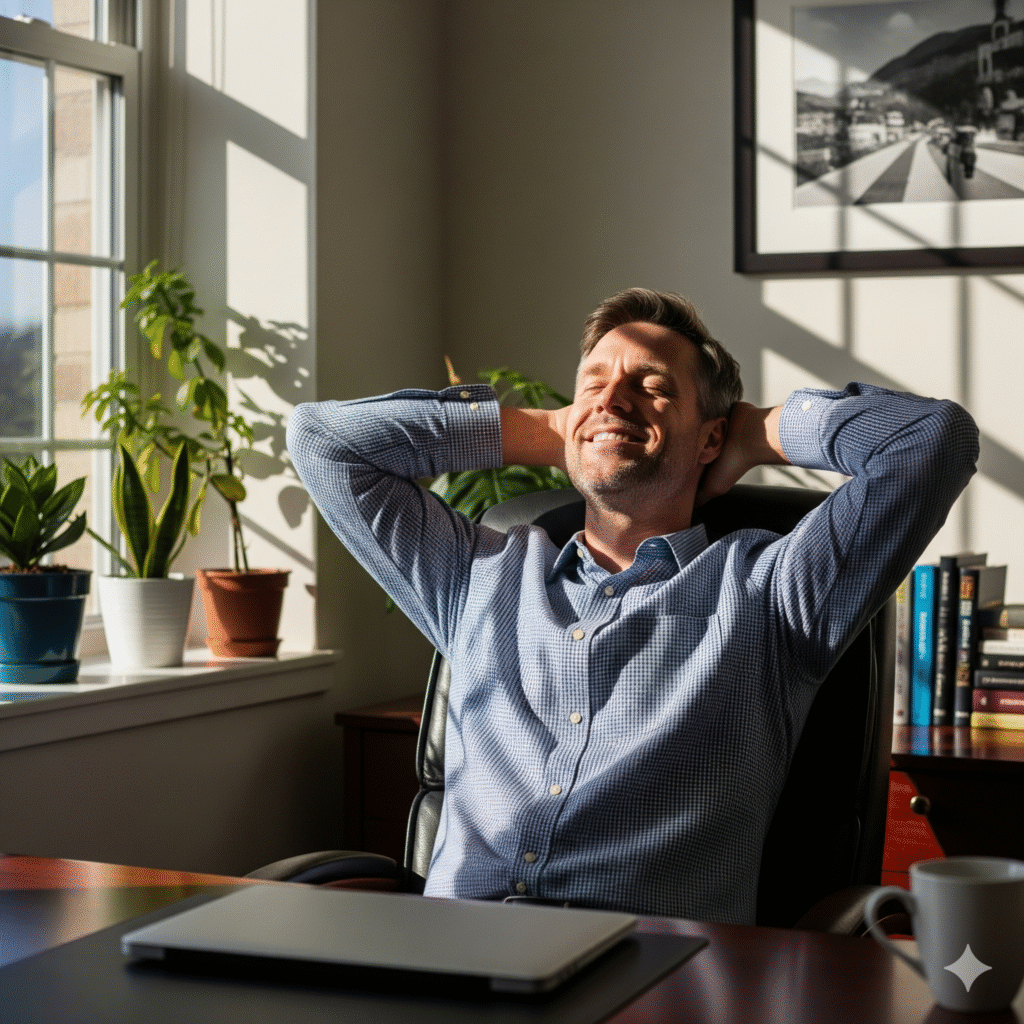  A relieved and happy business owner leaning back in their chair, laptop closed, having successfully delegated their administrative work.