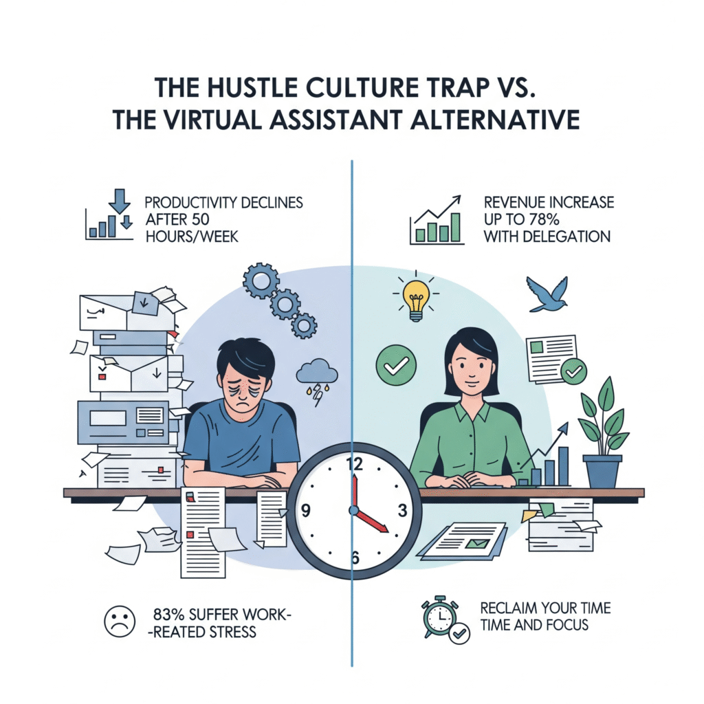 (Infographic showing the negative impacts of overworking versus the benefits of delegation.)