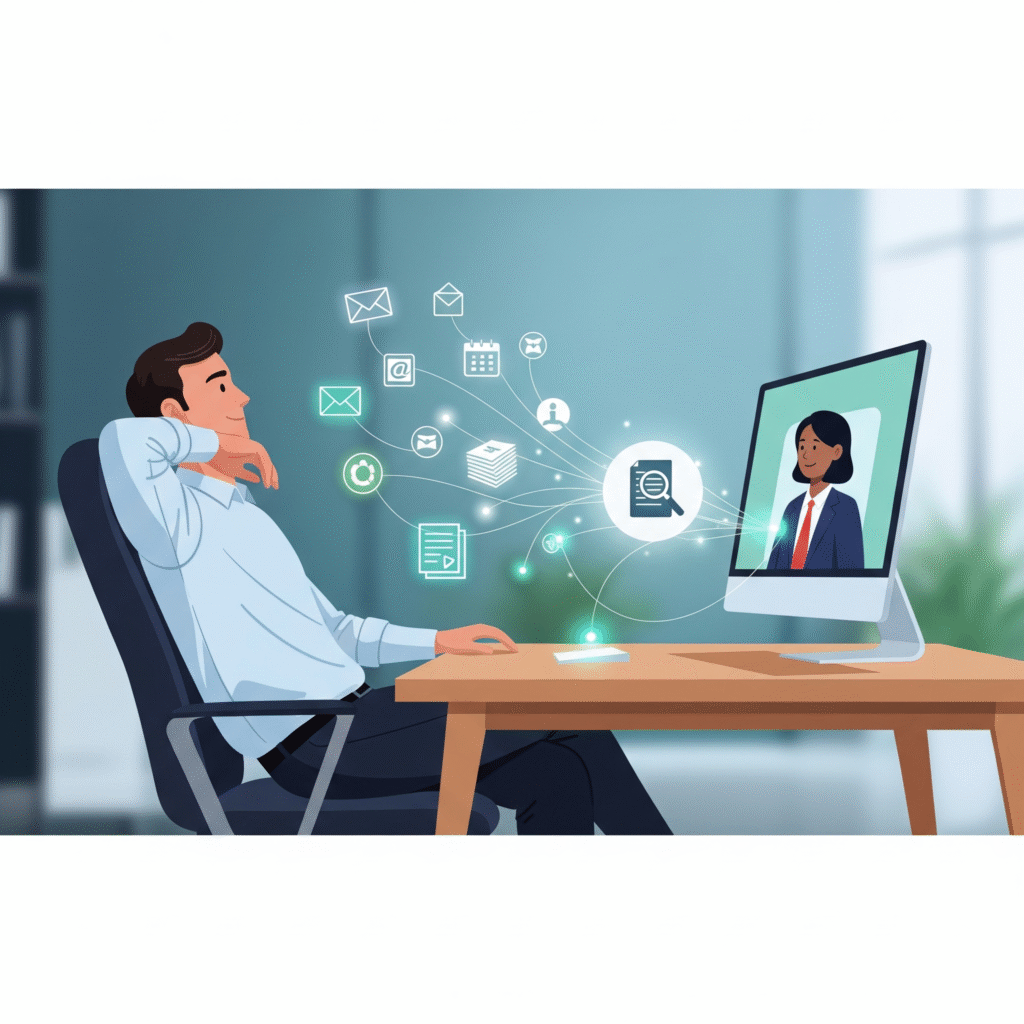  (Visual representation of various tasks being effortlessly delegated by a business owner to a virtual assistant.)