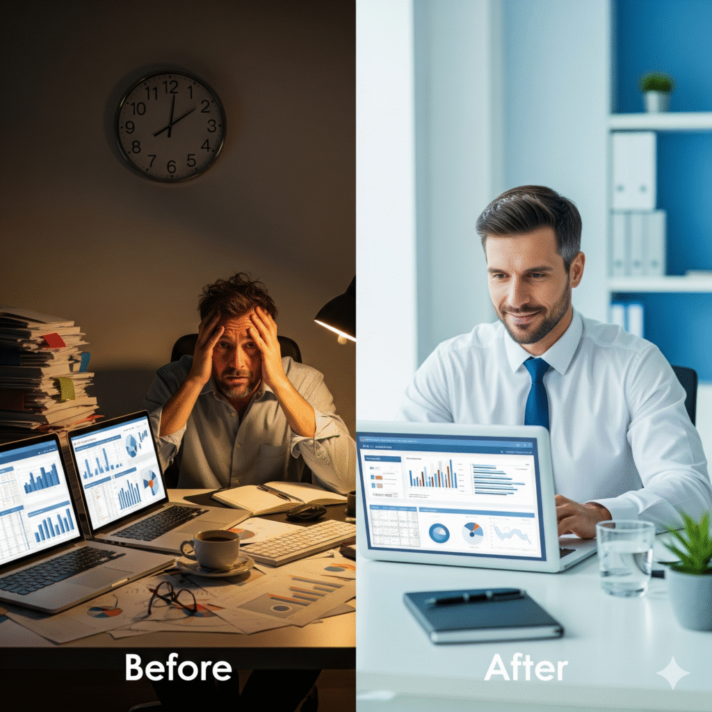 : (Split image showing contrasting before-and-after scenarios of a business owner's workday after hiring a VA.)