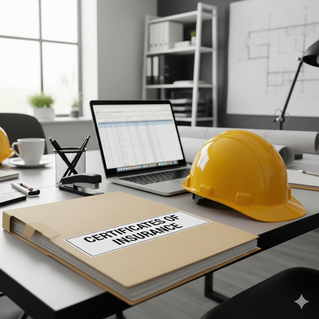 A folder labeled "Certificates of Insurance" sits on a desk next to a construction hard hat and laptop.