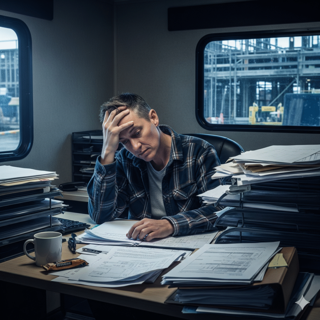 A frustrated construction owner with his head in his hands, surrounded by disorganized paperwork at his desk.