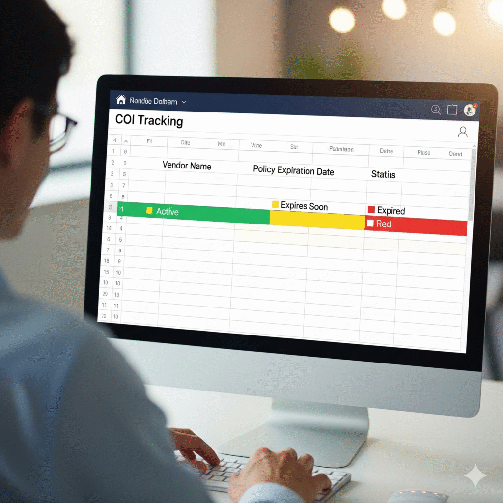 An organized digital COI tracking dashboard on a computer screen, showing vendor names and color-coded expiration dates.
