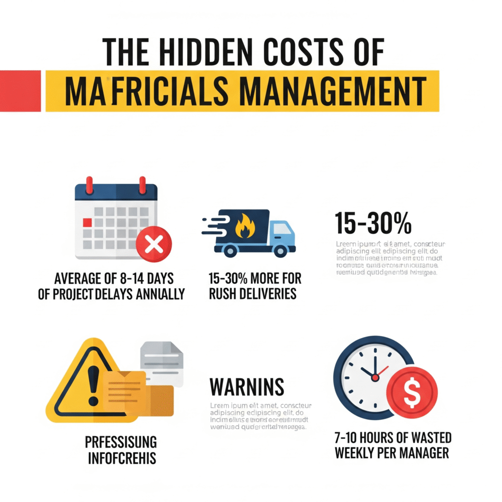  (Infographic showing the negative financial and time costs of poor materials management in construction, including project delays, rush order fees, and wasted labor hours.)
