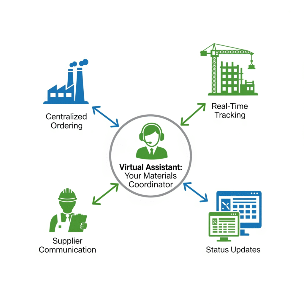  (A diagram showing a virtual assistant at the center of the materials management process, connecting suppliers, job sites, and project managers through digital systems.)