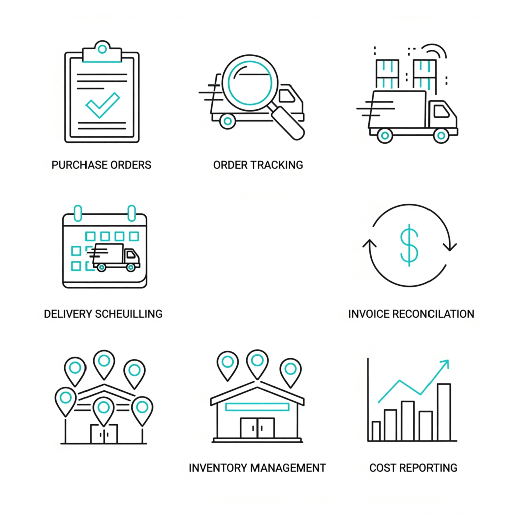  (A grid of icons representing key materials management tasks a virtual assistant can handle, such as purchase order creation, order tracking, and inventory management.)