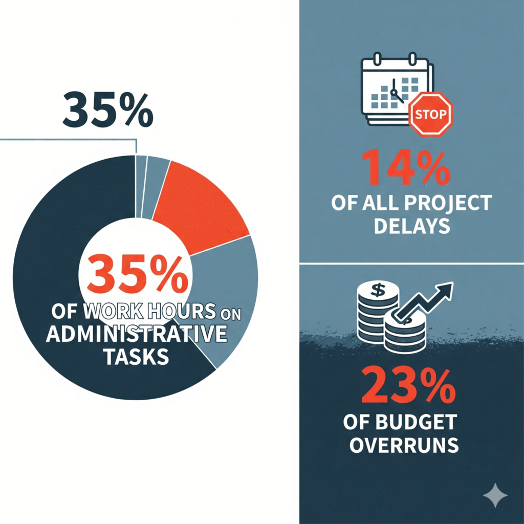 (Infographic showing the percentage of time spent on administrative tasks and its impact on project delays and budget overruns in construction.)
