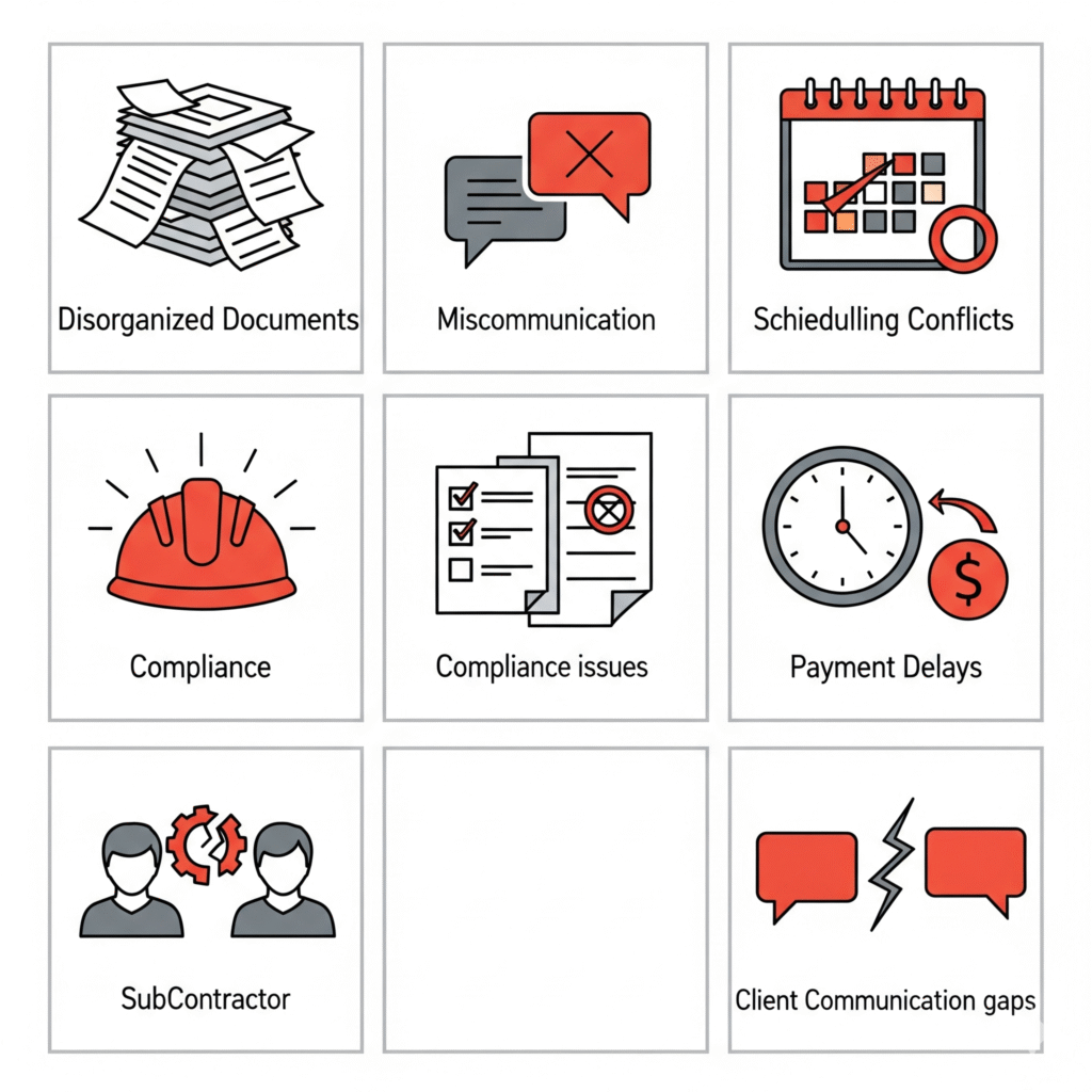 (Collage of seven distinct icons representing common administrative bottlenecks in construction: disorganized documents, miscommunication, scheduling conflicts, compliance issues, payment delays, subcontractor problems, and client communication gaps.)