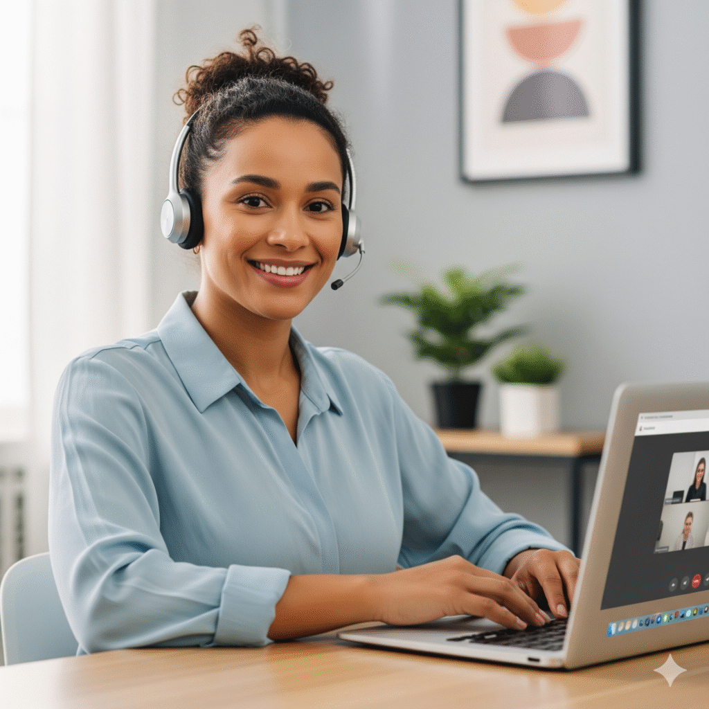 A professional virtual assistant wearing a headset, smiling and confidently speaking to a caller on a video call.