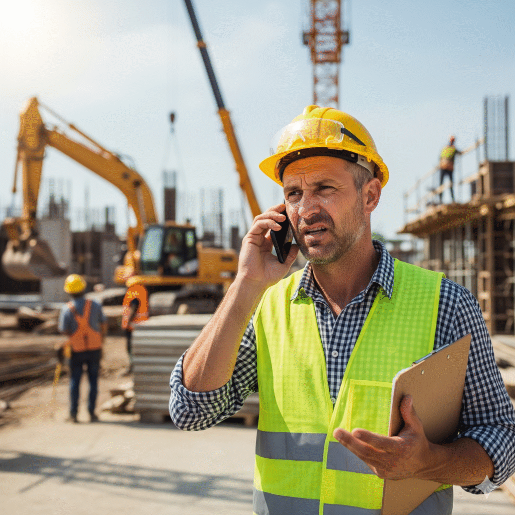 A stressed construction business owner on a job site answering a phone call while looking overwhelmed.