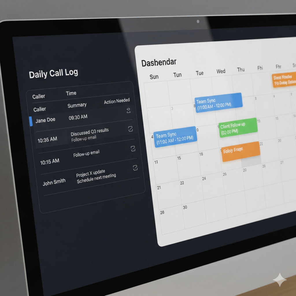A computer screen showing a call log with details and an integrated calendar, illustrating organized communication.