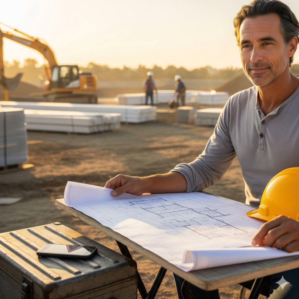 A calm construction owner reviewing blueprints on a peaceful job site, with their phone silently placed nearby.