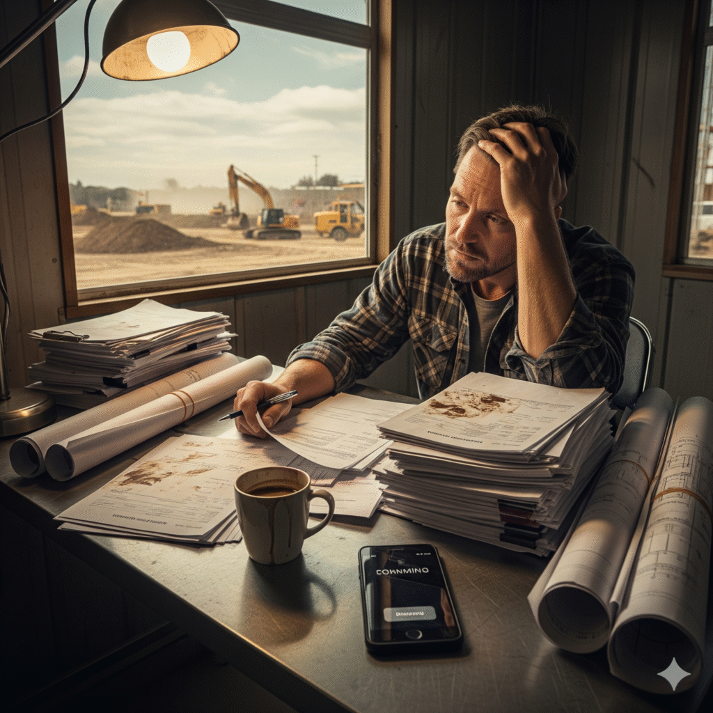 A stressed general contractor sitting at a cluttered desk, overwhelmed by piles of paperwork, blueprints, and a ringing phone.