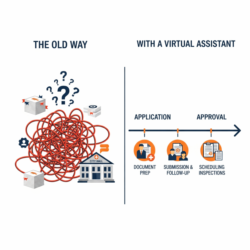 An infographic illustrating the streamlined permit process, showing a complex maze on one side and a clear, straight path guided by a virtual assistant on the other.
