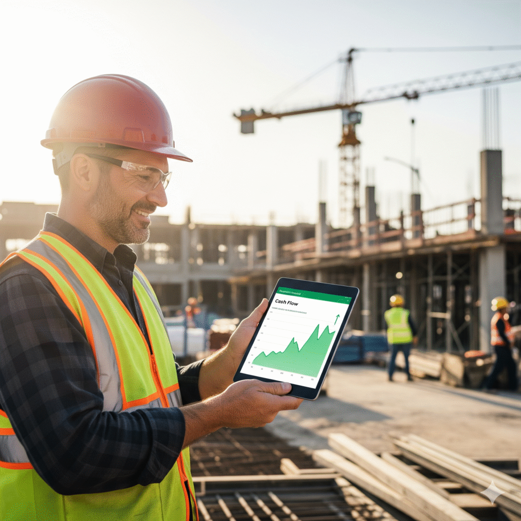 A general contractor at a job site confidently reviewing a positive cash flow chart on a tablet, showing a clear upward trend.