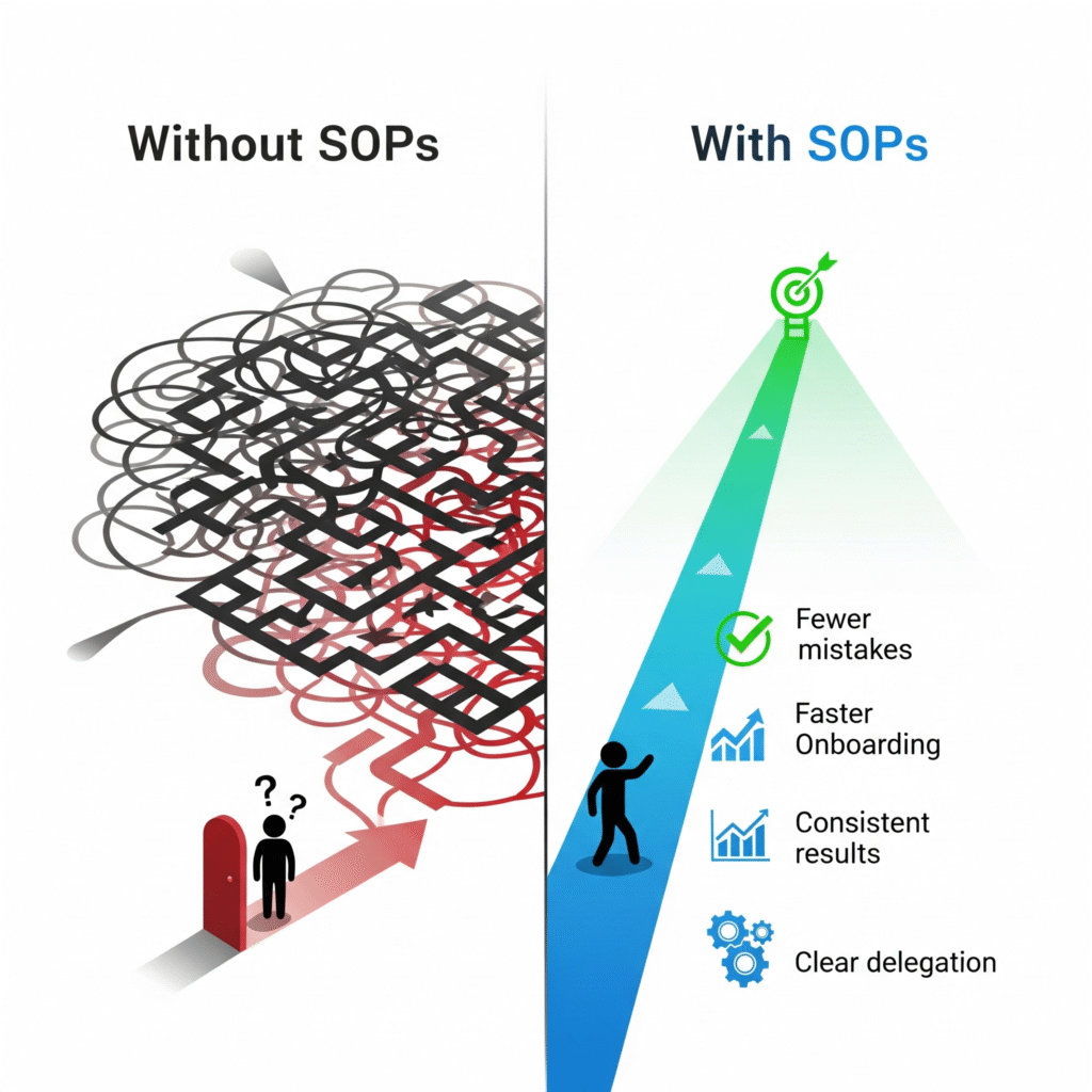 An infographic illustrating the benefits of Standard Operating Procedures (SOPs) for construction teams, including fewer mistakes, faster onboarding, consistent results, and clear delegation.

