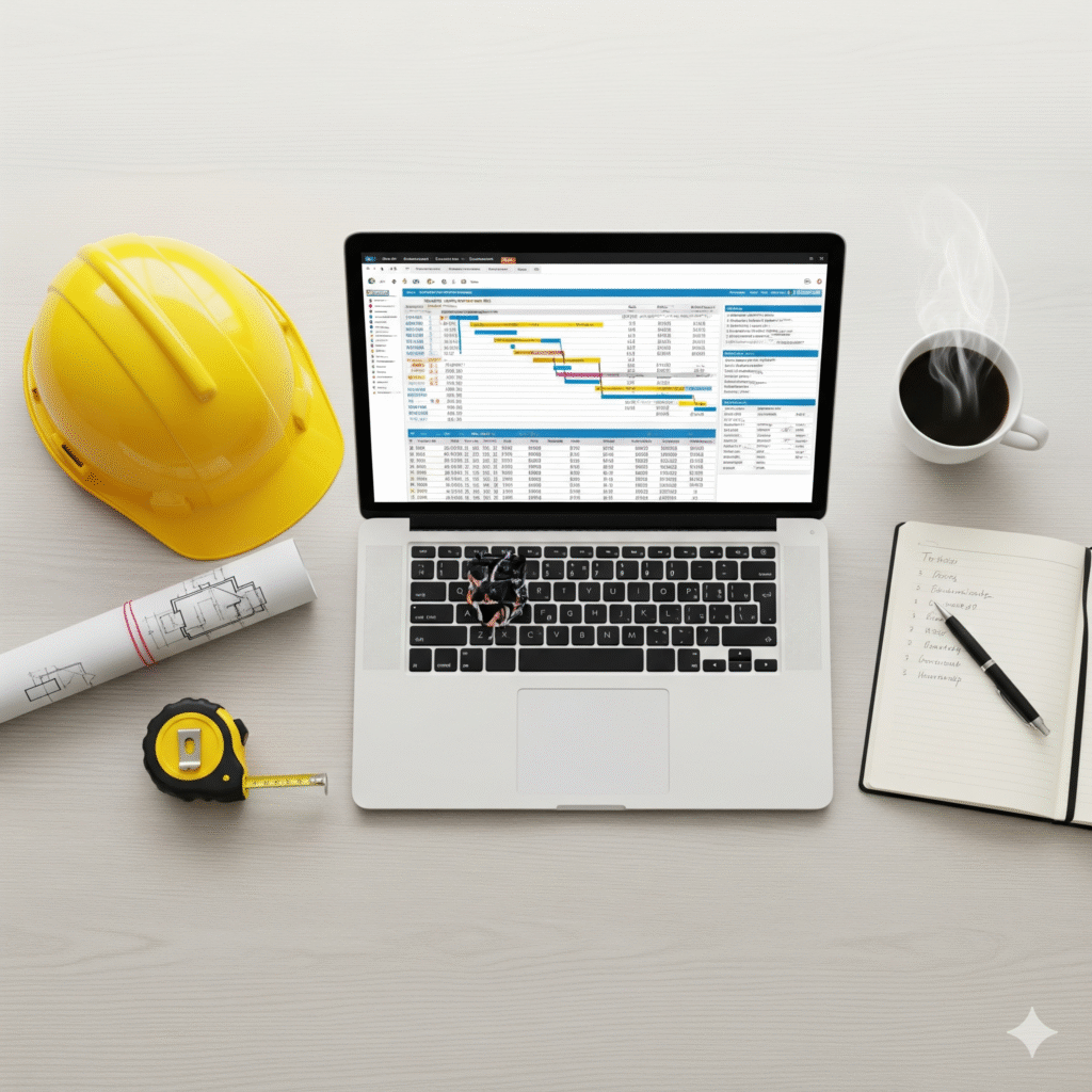  A detailed flat lay image showing various office supplies and tools commonly used in construction business administration, such as a laptop with an open spreadsheet, a hard hat, a tape measure, a coffee cup, and a stack of organized documents.