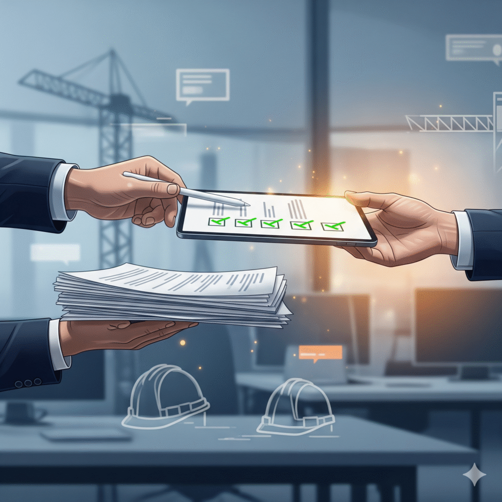 A visual metaphor showing hands passing off tasks, representing effective delegation, with a construction theme.