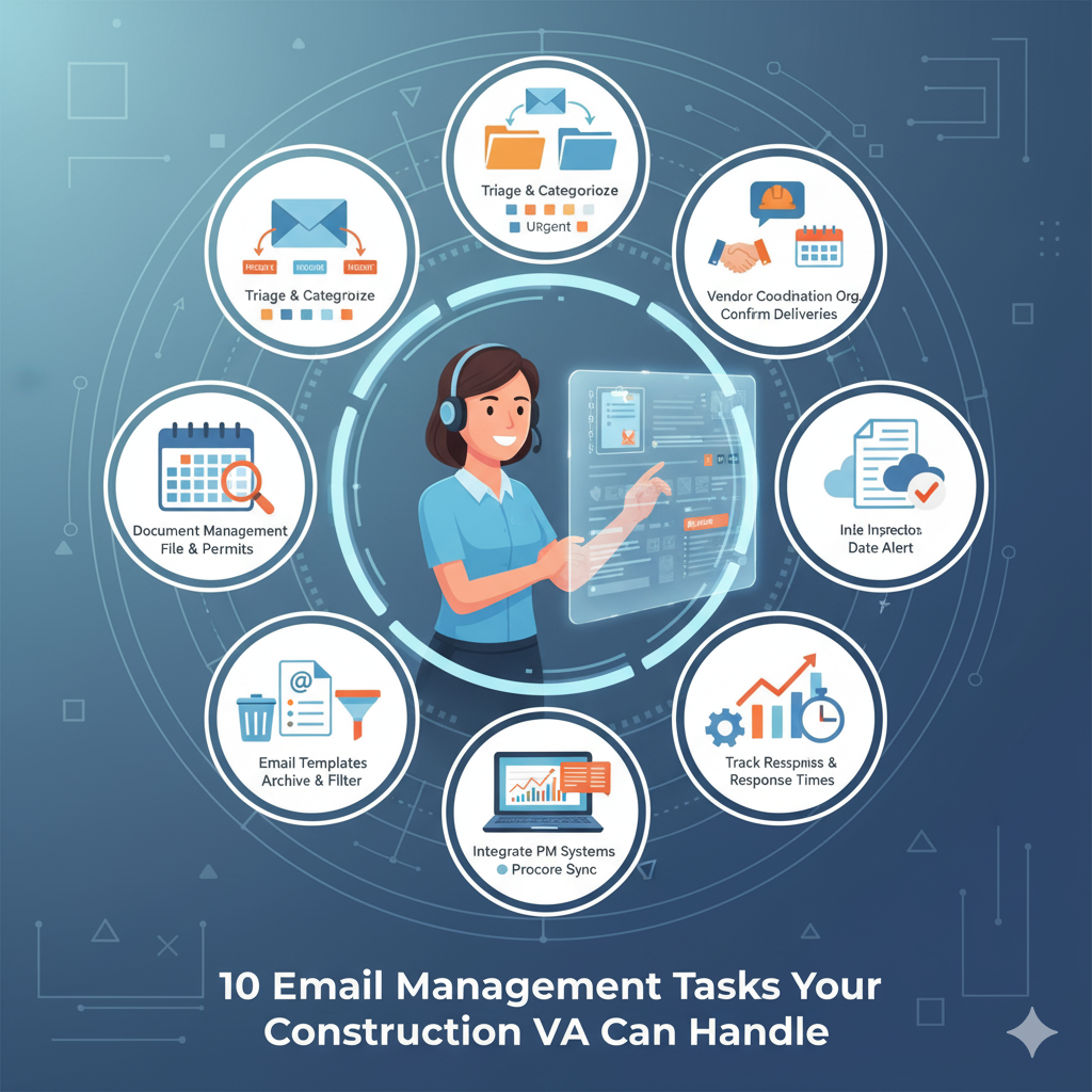  (Visual representation of a virtual assistant efficiently managing various email tasks for a construction company.)