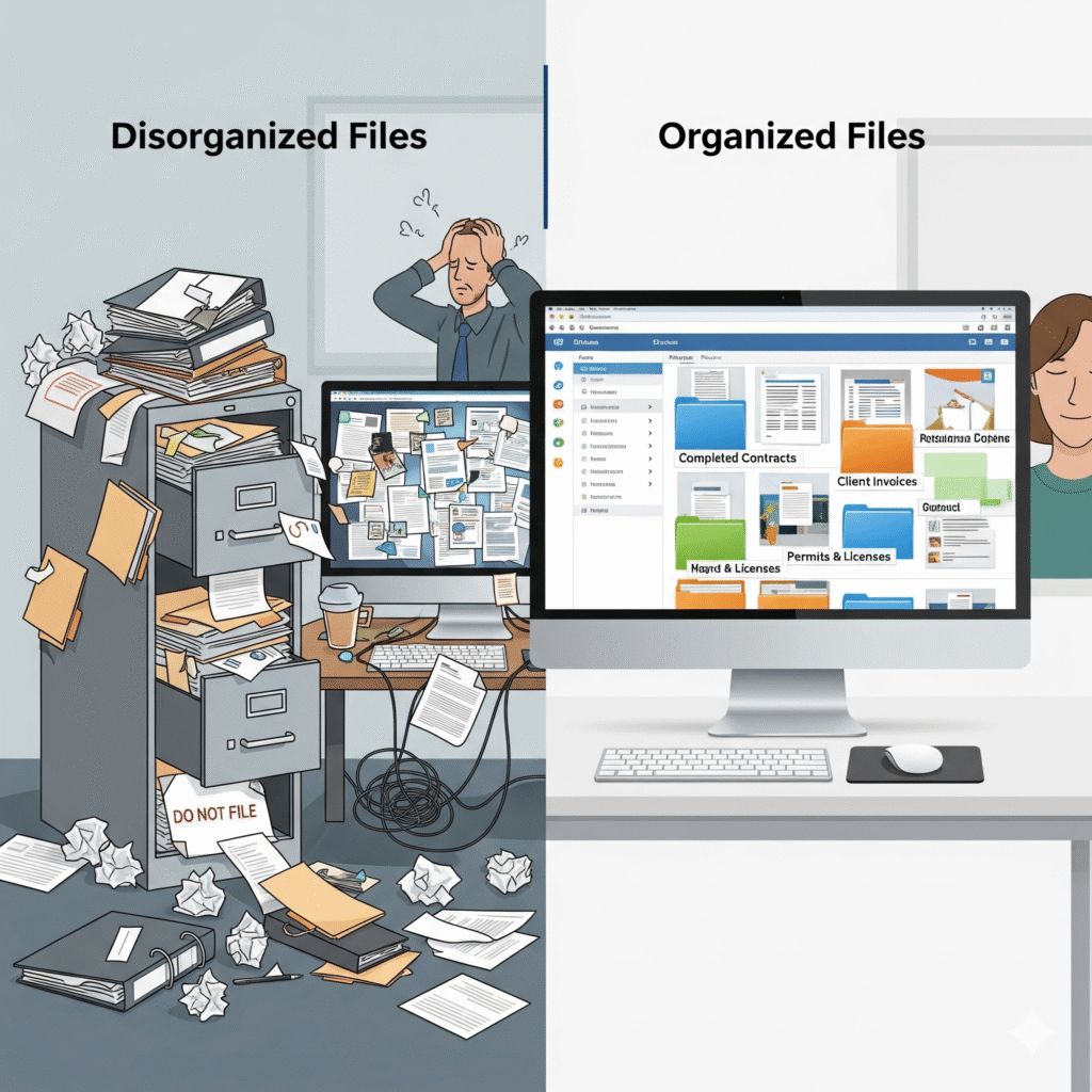 An illustration showing the negative impacts of disorganized contractor files, such as lost time, unbilled work, and compliance issues.